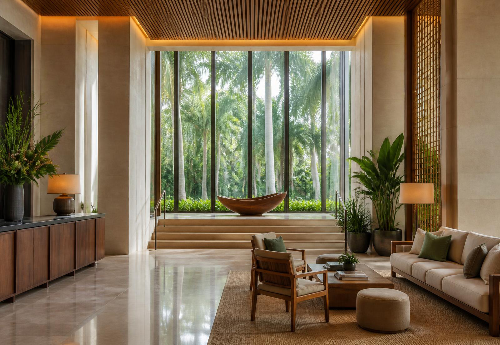 Light-filled luxury hotel lobby with tropical garden views
